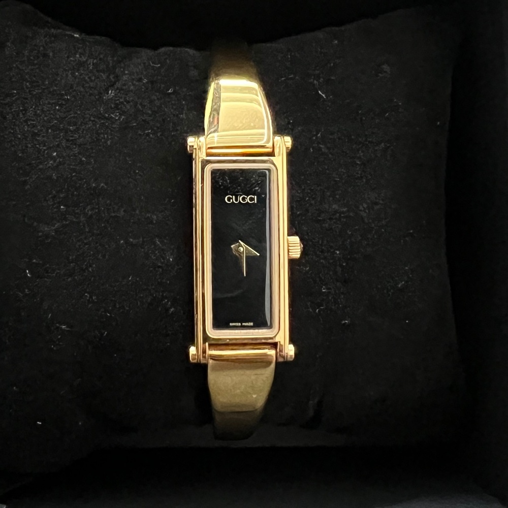 Gucci 1990s Black Dial Gold Plated Rectangular Bangle Watch